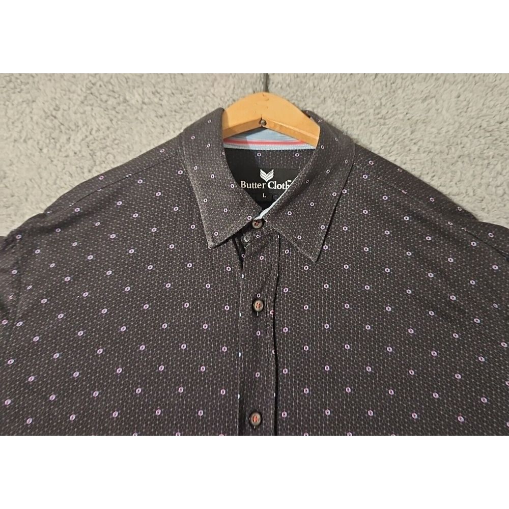 Buttercloth Short Sleeve Shirt Mens Size Large Black Polka Dot Cotton‎ Stretch